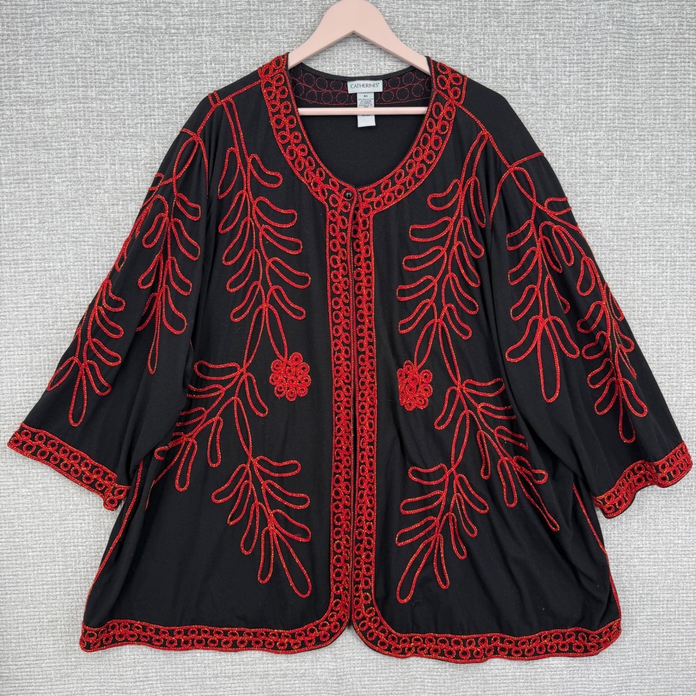 Catherines Cardigan Jacket Women‎ 5X Black Red Embroidered Stretch Boho Festive